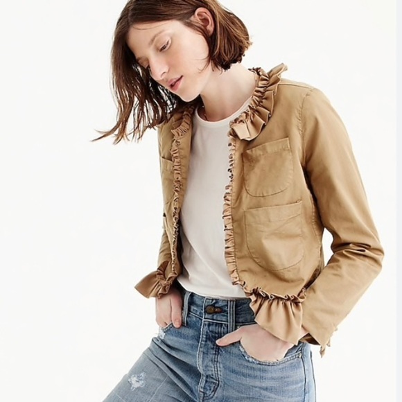 J Crew Tan Frill Peplum Crop Jacket with seersucker lining accents Size 6 - Picture 2 of 12
